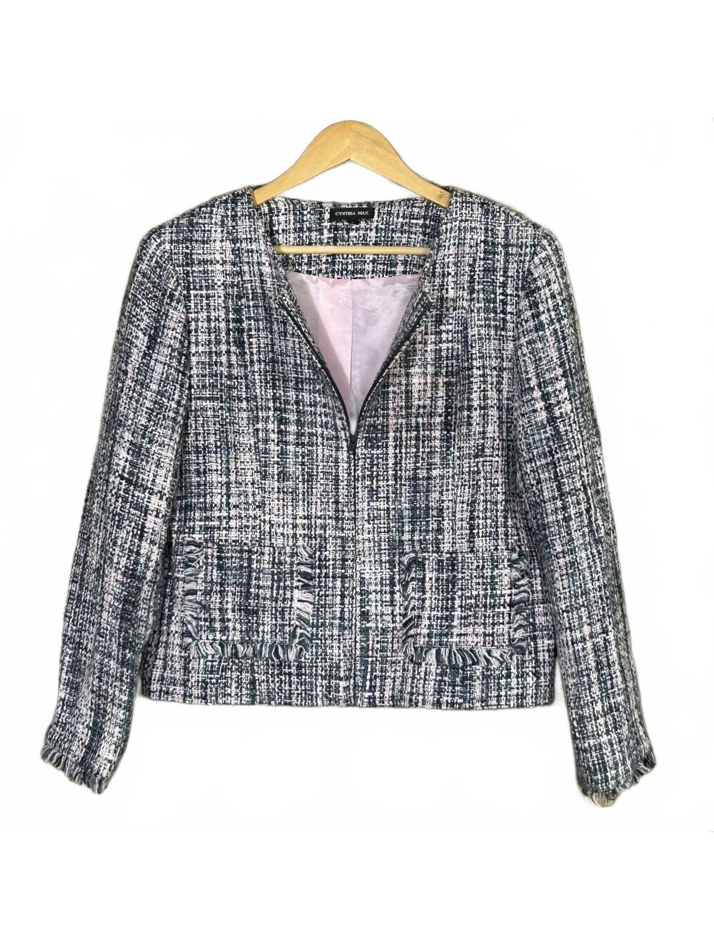 Cynthia Max Vintage Y2K Pink Black Tweed Cropped Jacket Blazer Size Large Preppy